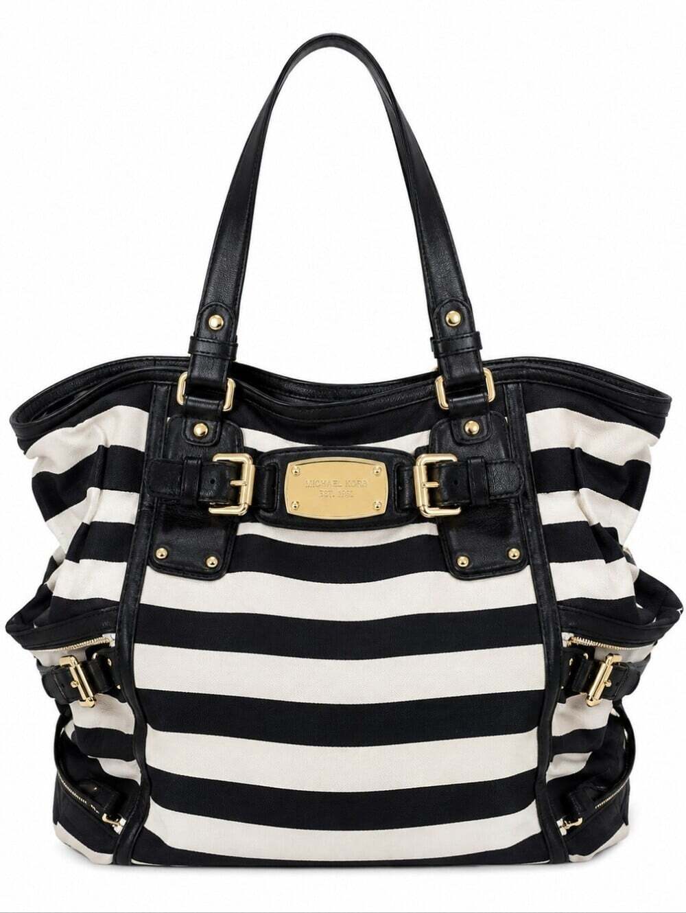 Michael Kors Gansevoort large belted tote in black and white stripe canvas